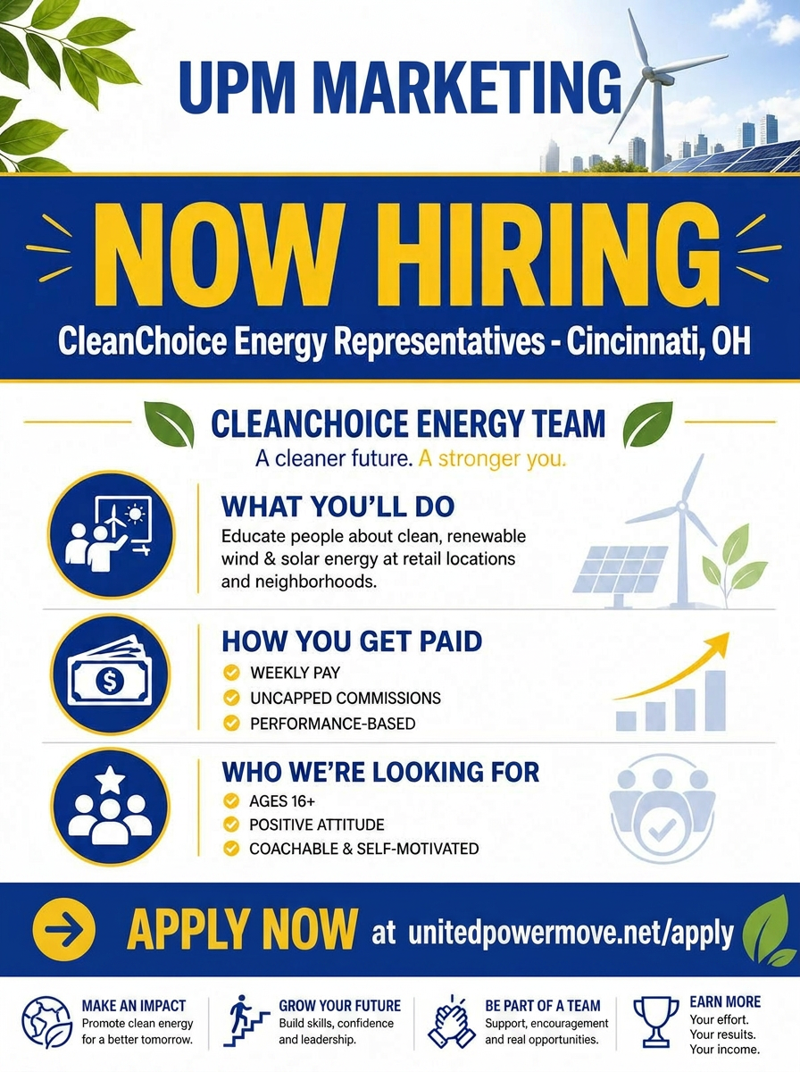 UPM Marketing CleanChoice Energy — Now Hiring flyer